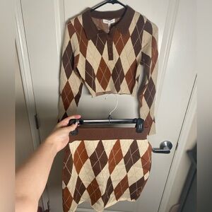 Lulu's Emory Park Brown and Cream Argyle Knit Polo Two-Piece Set